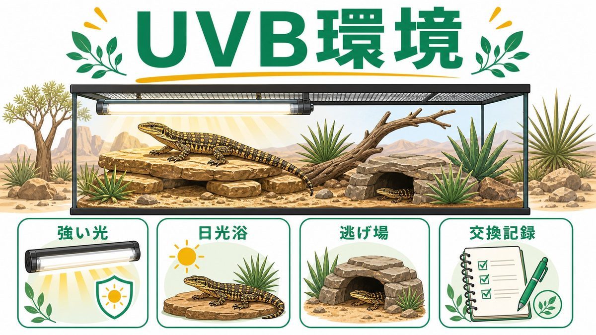 UVBライト・高UV環境の整え方の要点をまとめたカメレオン・爬虫類飼育インフォグラフィック