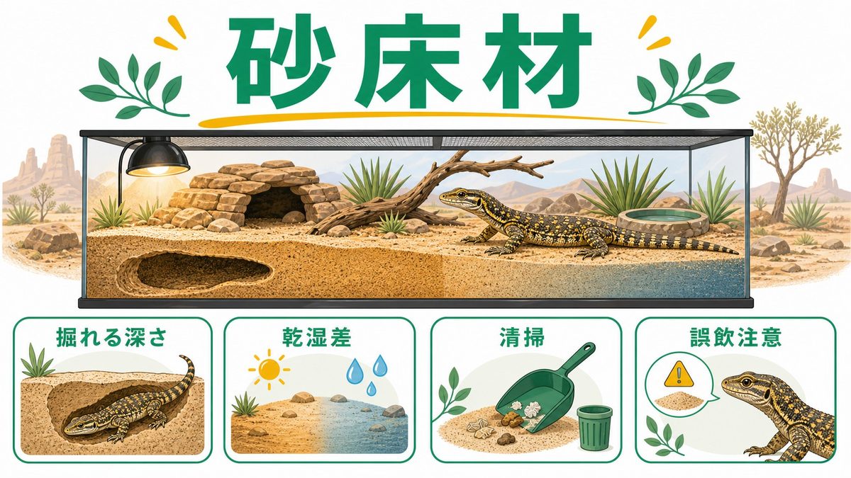 砂床材の選び方の要点をまとめたカメレオン・爬虫類飼育インフォグラフィック
