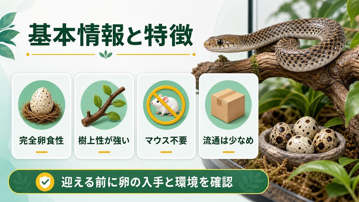 アフリカタマゴヘビとは？基本情報と特徴の要点をまとめたカメレオン・爬虫類飼育インフォグラフィック