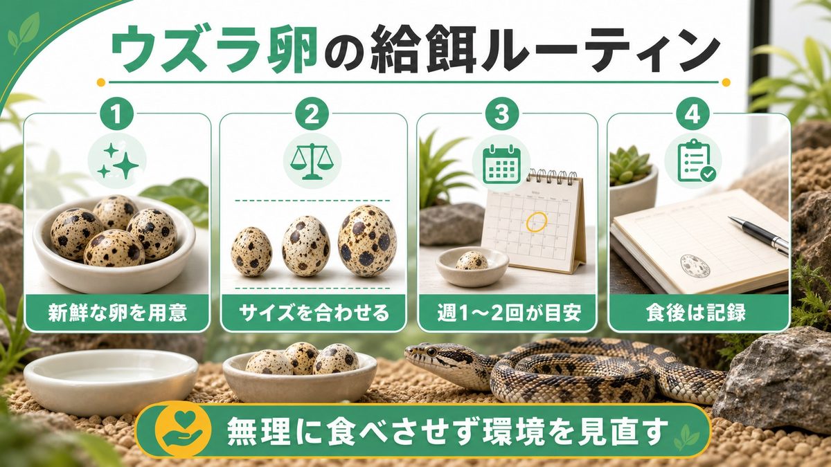 ウズラ卵と給餌ルーティン｜タマゴヘビのごはん事情の要点をまとめたカメレオン・爬虫類飼育インフォグラフィック
