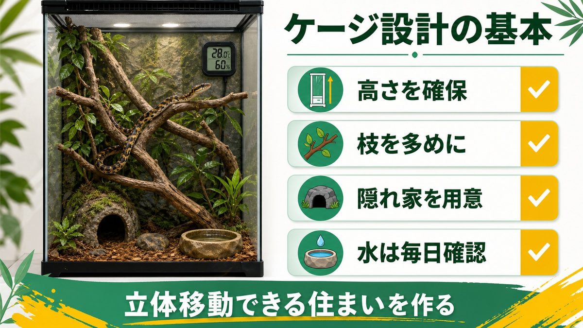 飼育ケージ・住まいの設計｜快適空間の作り方の要点をまとめたカメレオン・爬虫類飼育インフォグラフィック