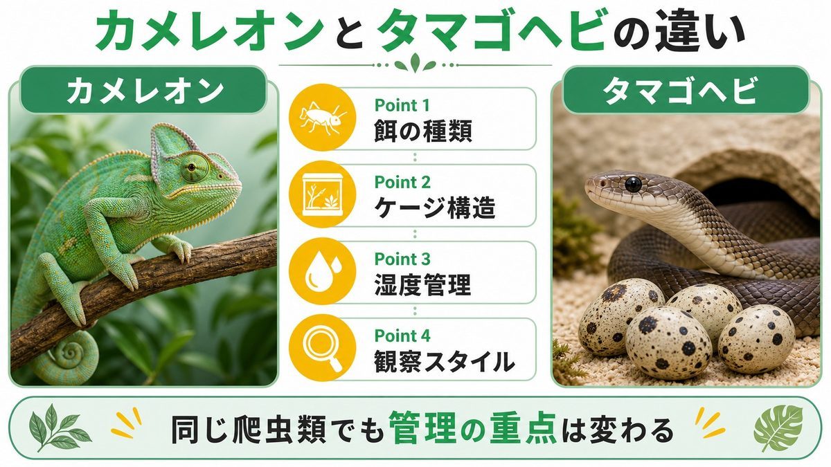 カメレオンとアフリカタマゴヘビの違い｜比較テーブルの要点をまとめたカメレオン・爬虫類飼育インフォグラフィック