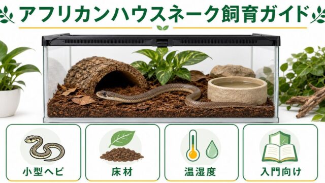 アフリカンハウスネーク（Boaedon fuliginosus）飼育完全ガイド！入門向け小型ヘビの特徴・飼育環境・餌・コーンスネークとの違いを徹底解説の要点を伝えるカメレオン・爬虫類記事アイキャッチ画像