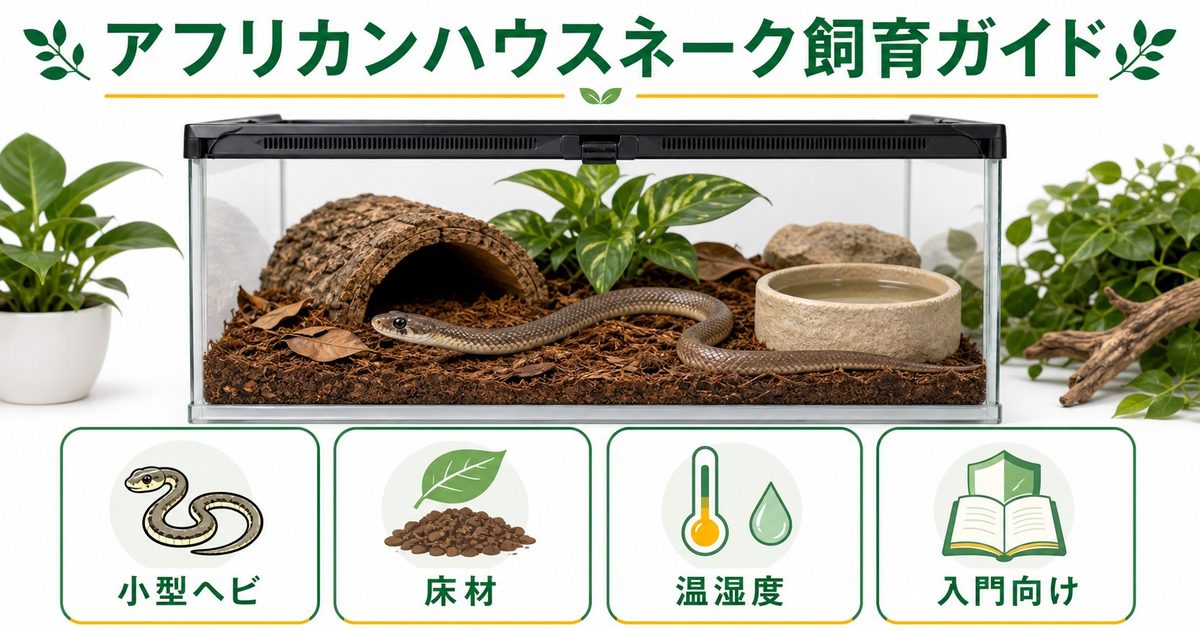 アフリカンハウスネーク（Boaedon fuliginosus）飼育完全ガイド！入門向け小型ヘビの特徴・飼育環境・餌・コーンスネークとの違いを徹底解説の要点を伝えるカメレオン・爬虫類記事アイキャッチ画像