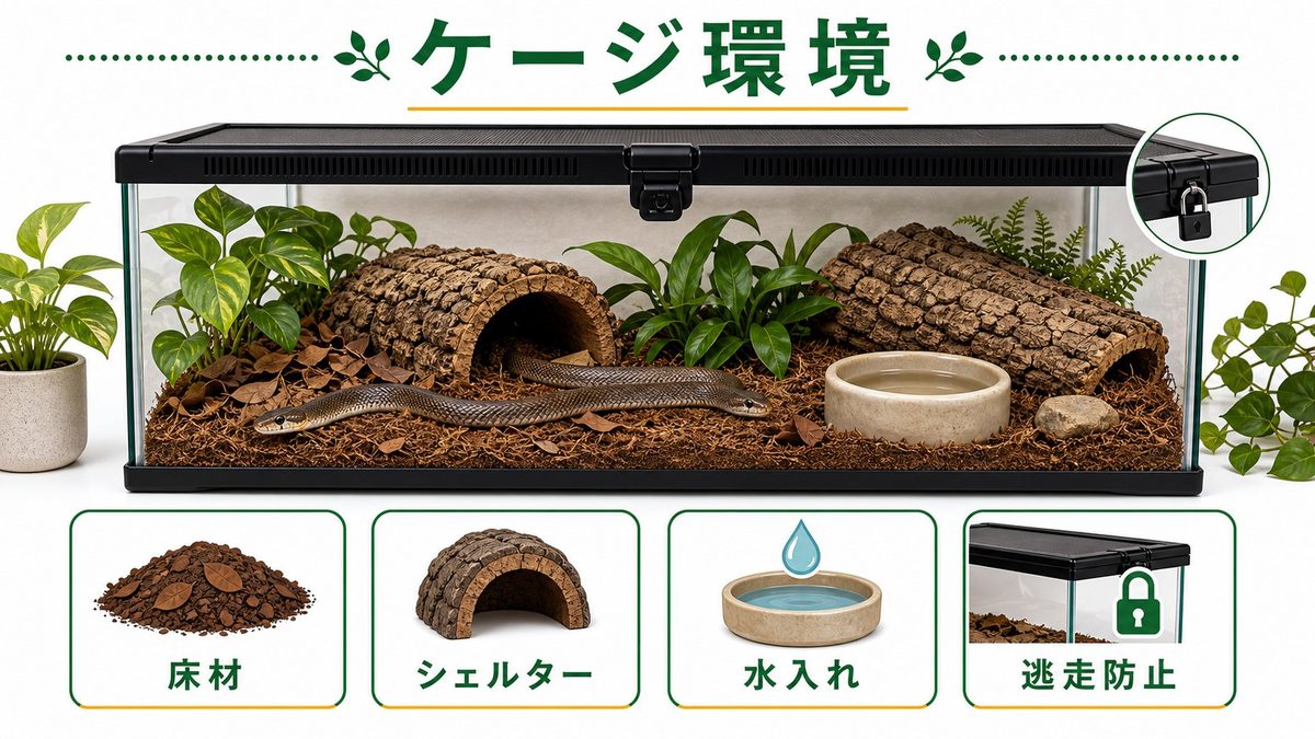 飼育ケージ・環境設定の要点をまとめたカメレオン・爬虫類飼育インフォグラフィック