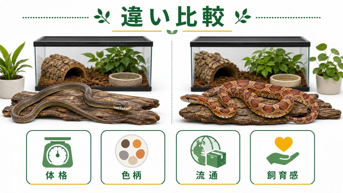 コーンスネークとの違い・どちらを選ぶ？の要点をまとめたカメレオン・爬虫類飼育インフォグラフィック