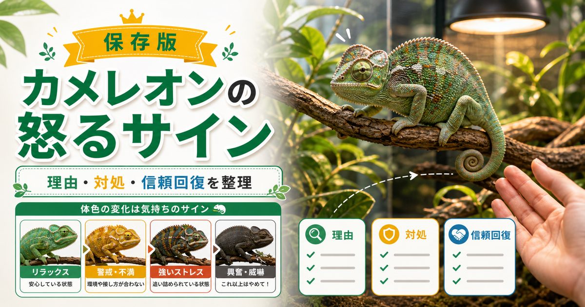 【怒る！】カメレオンの怒る理由・サインとその対処法について徹底解説！【体色変化！】の要点を伝えるカメレオン・爬虫類記事アイキャッチ画像