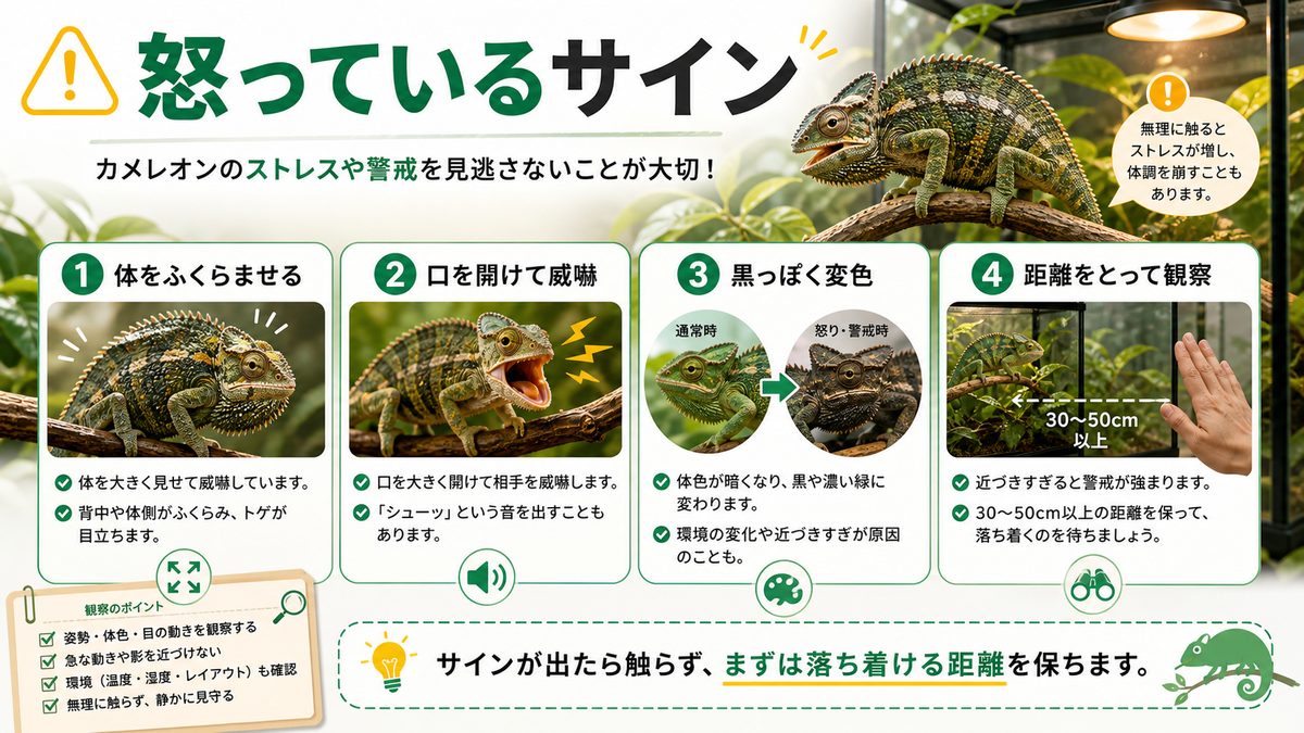 カメレオンが怒っている時のサインは？の要点をまとめたカメレオン・爬虫類飼育インフォグラフィック