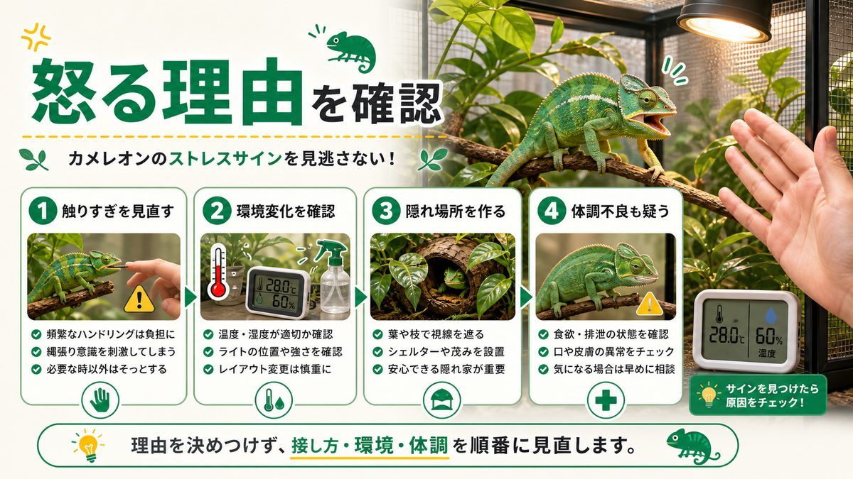どうしてカメレオンが怒っているのか〜様々なケース〜の要点をまとめたカメレオン・爬虫類飼育インフォグラフィック