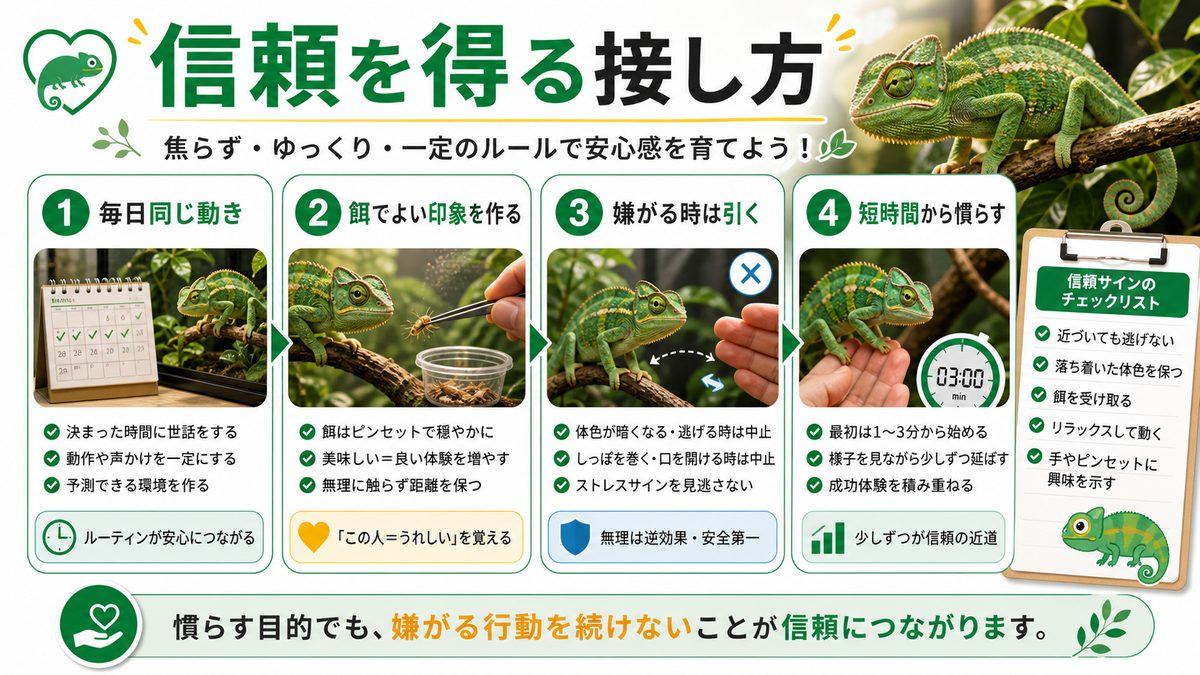 カメレオンから信頼を得るために私がやった方法についての要点をまとめたカメレオン・爬虫類飼育インフォグラフィック