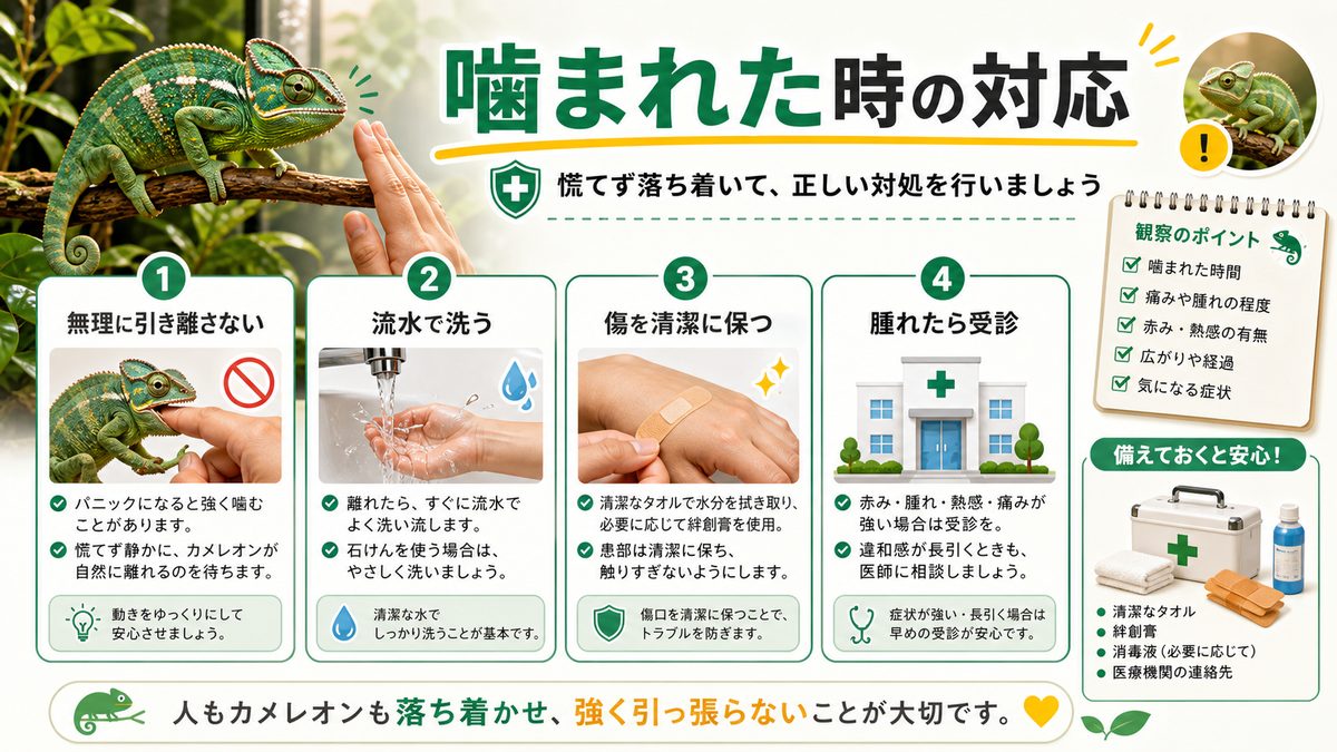 カメレオンに噛まれてしまったら？の要点をまとめたカメレオン・爬虫類飼育インフォグラフィック