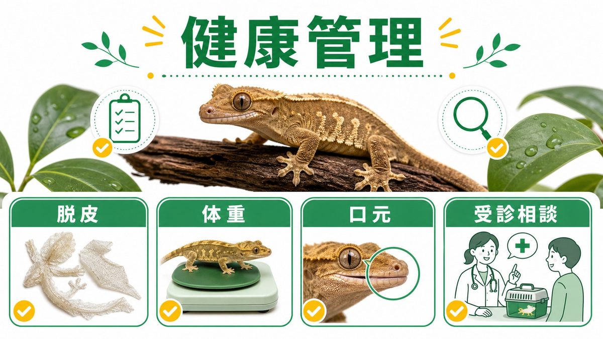 🏥 健康管理｜よくある病気・症状と対処法の要点をまとめたカメレオン・爬虫類飼育インフォグラフィック