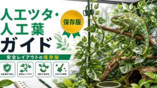 爬虫類用人工ツタ・人工葉・人工植物完全ガイド｜安全で美しいテラリウムレイアウトの作り方の要点を伝えるカメレオン・爬虫類記事アイキャッチ画像