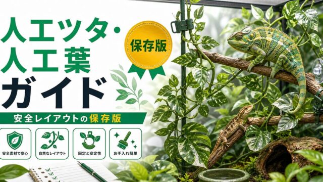 爬虫類用人工ツタ・人工葉・人工植物完全ガイド｜安全で美しいテラリウムレイアウトの作り方の要点を伝えるカメレオン・爬虫類記事アイキャッチ画像