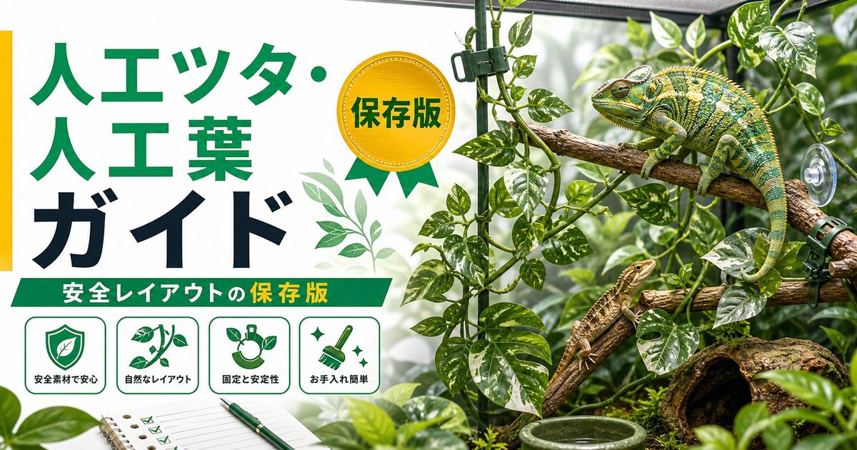 爬虫類用人工ツタ・人工葉・人工植物完全ガイド｜安全で美しいテラリウムレイアウトの作り方の要点を伝えるカメレオン・爬虫類記事アイキャッチ画像