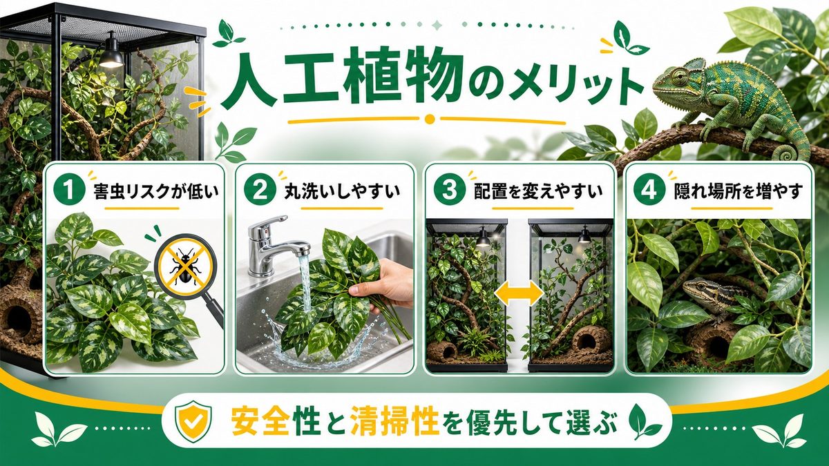 人工植物のメリット・デメリット(生体との比較表)の要点をまとめたカメレオン・爬虫類飼育インフォグラフィック