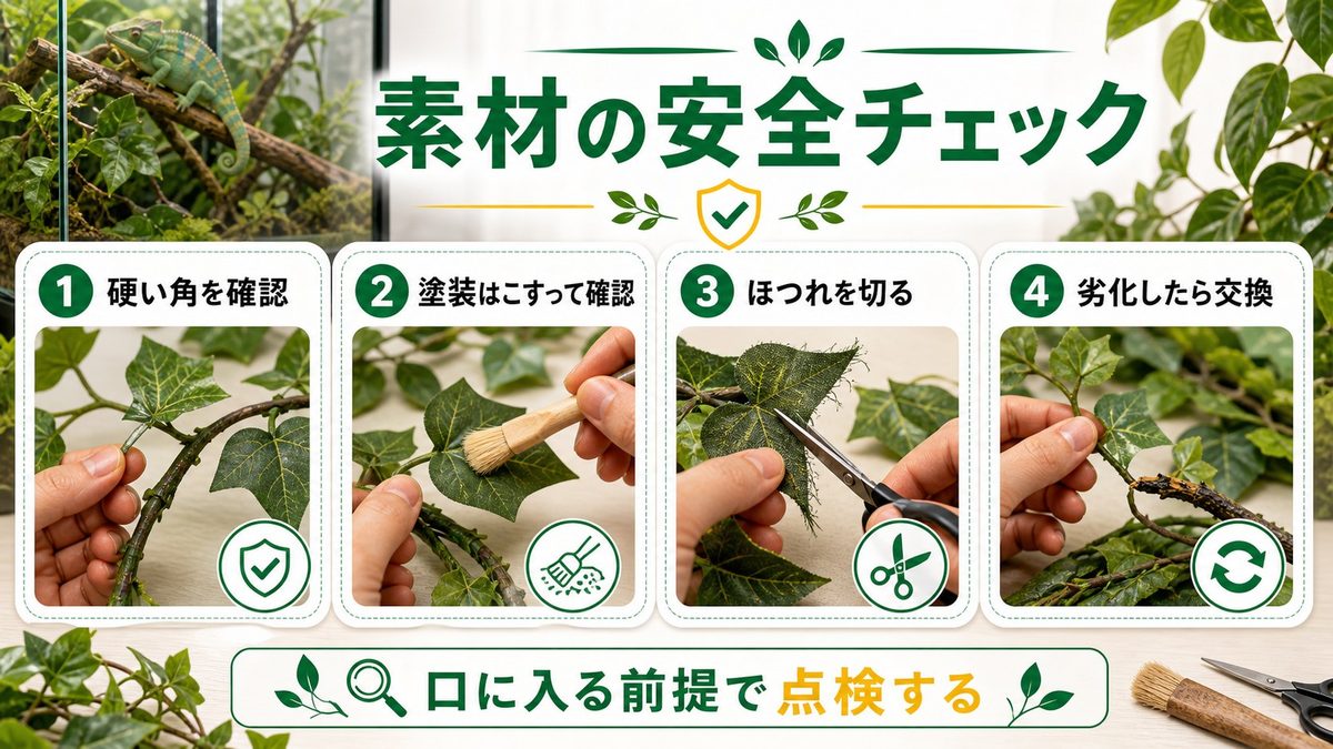素材別の安全性と耐久性の要点をまとめたカメレオン・爬虫類飼育インフォグラフィック
