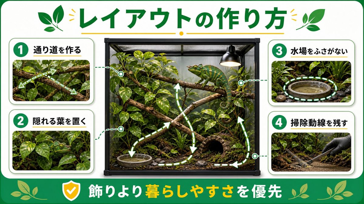 配置レイアウトの黄金パターンの要点をまとめたカメレオン・爬虫類飼育インフォグラフィック
