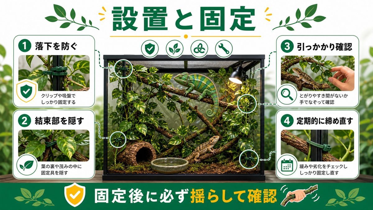 設置・固定の実践テクニックの要点をまとめたカメレオン・爬虫類飼育インフォグラフィック