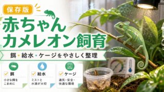 【カメレオンの赤ちゃん飼育】餌の種類や与え方・ケージや日光浴、飼育方法について徹底解説！の要点を伝えるカメレオン・爬虫類記事アイキャッチ画像