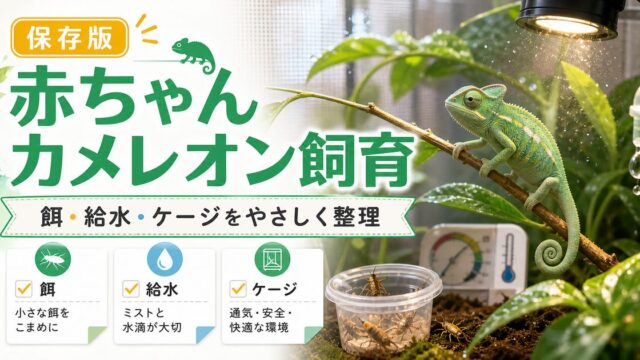 【カメレオンの赤ちゃん飼育】餌の種類や与え方・ケージや日光浴、飼育方法について徹底解説！の要点を伝えるカメレオン・爬虫類記事アイキャッチ画像