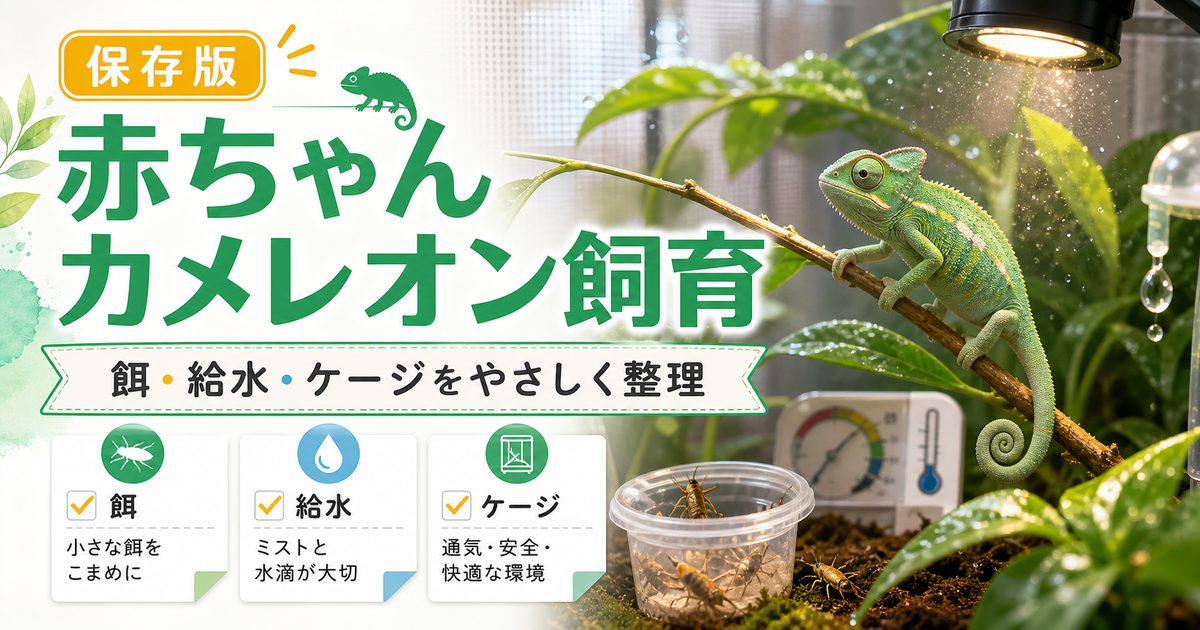【カメレオンの赤ちゃん飼育】餌の種類や与え方・ケージや日光浴、飼育方法について徹底解説！の要点を伝えるカメレオン・爬虫類記事アイキャッチ画像