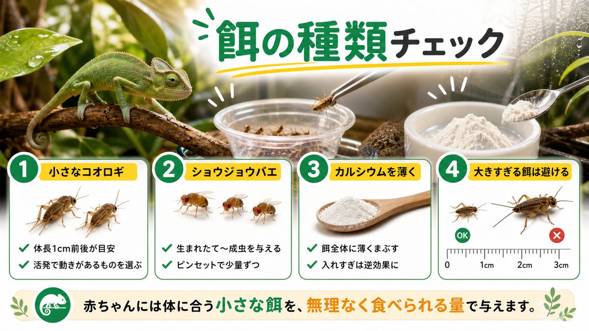 いっぱいお食べ！赤ちゃんカメレオンに与える餌を解説！の要点をまとめたカメレオン・爬虫類飼育インフォグラフィック