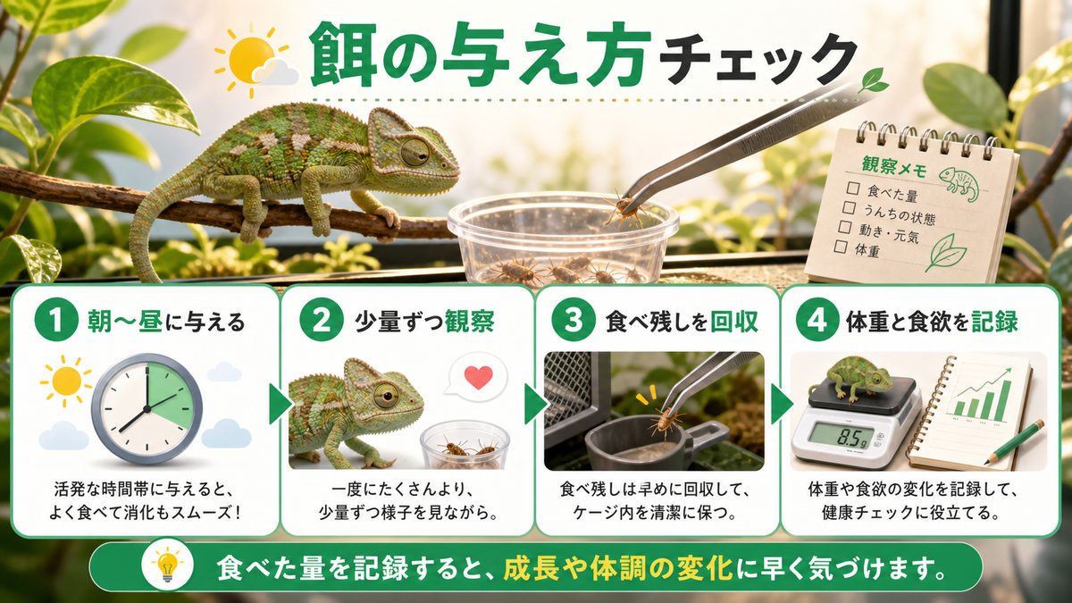 すくすく育てる！餌の与え方を解説！の要点をまとめたカメレオン・爬虫類飼育インフォグラフィック