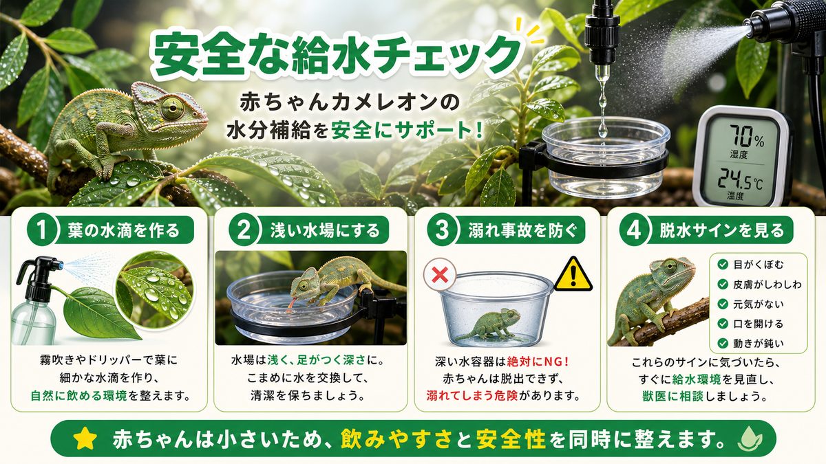 意外と事故が多い！赤ちゃんカメレオンの給水を解説！の要点をまとめたカメレオン・爬虫類飼育インフォグラフィック