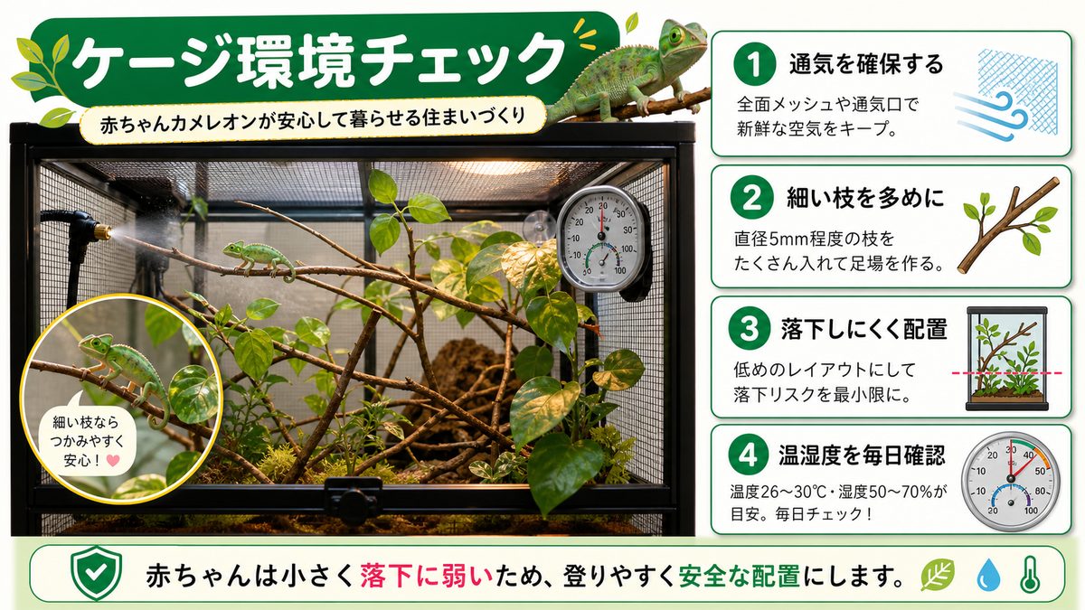 どんな住まいが良い？赤ちゃんカメレオンのケージを解説！の要点をまとめたカメレオン・爬虫類飼育インフォグラフィック