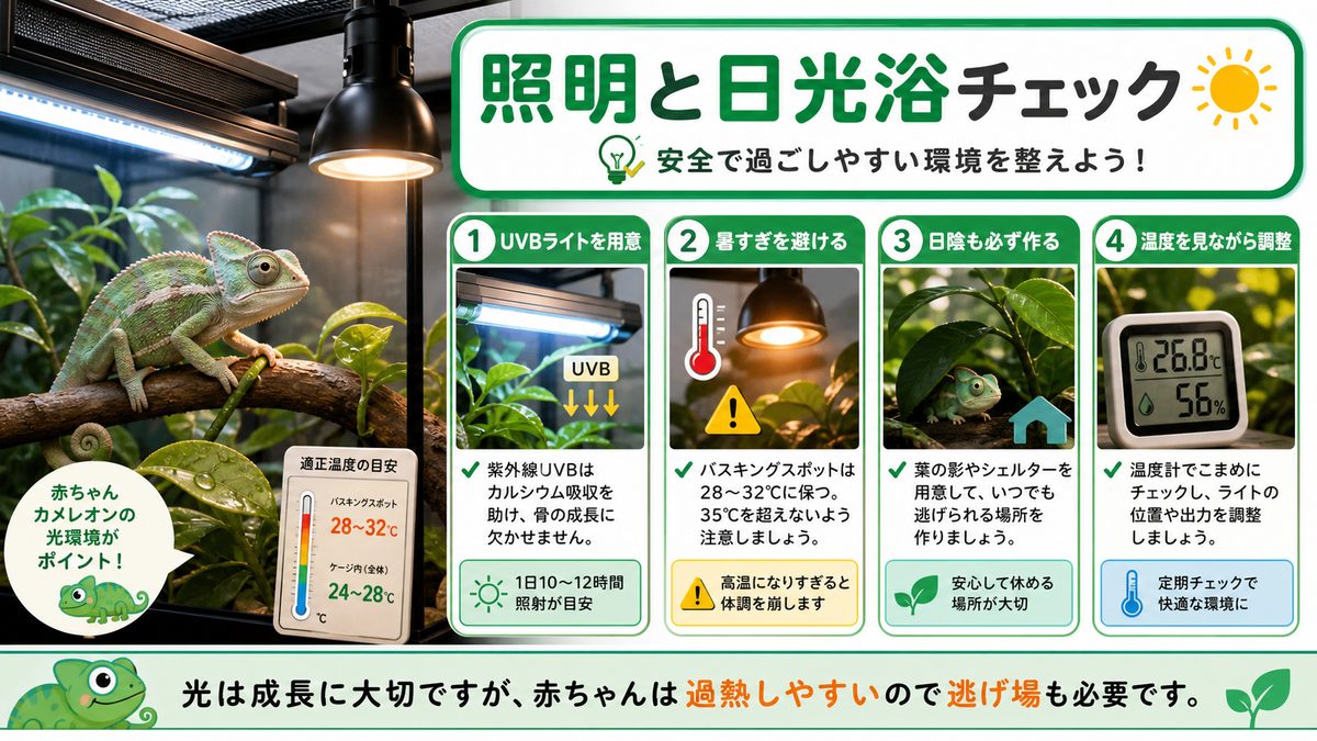 健やかな成長のために！照明、日光浴について解説！の要点をまとめたカメレオン・爬虫類飼育インフォグラフィック
