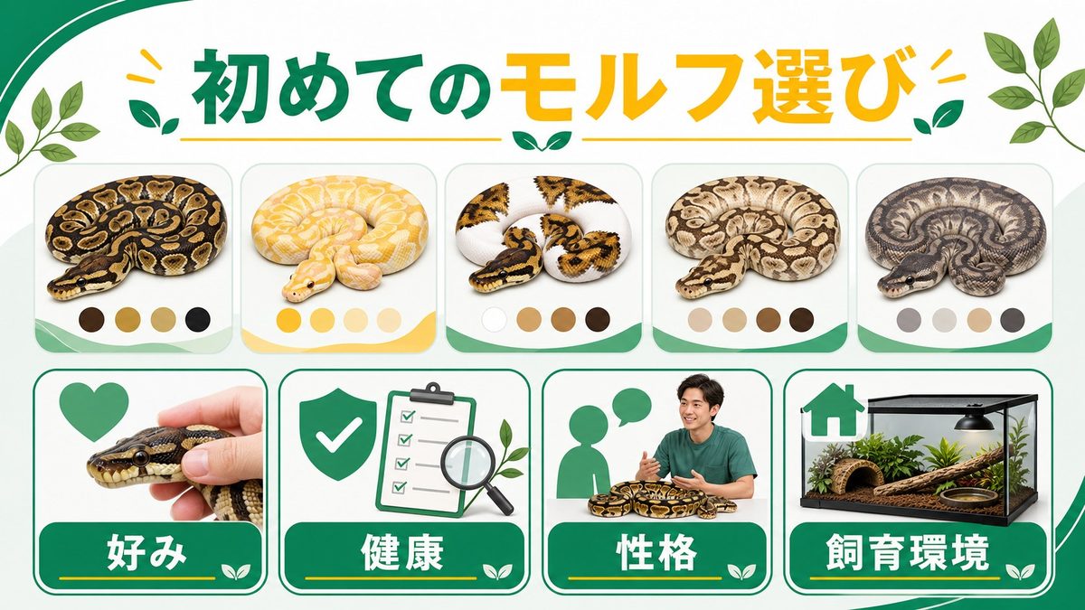 初心者向けモルフの選び方💡の要点をまとめたカメレオン・爬虫類飼育インフォグラフィック