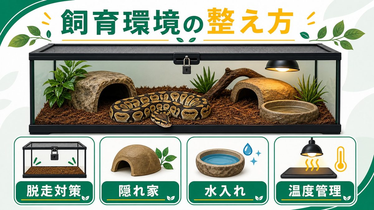 飼育環境の整え方（ケージ・温度・湿度）🏠の要点をまとめたカメレオン・爬虫類飼育インフォグラフィック