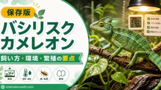 バシリスクカメレオンの飼い方・育て方を徹底解説！生息地・繁殖・注意点についても網羅！の要点を伝えるカメレオン・爬虫類記事アイキャッチ画像