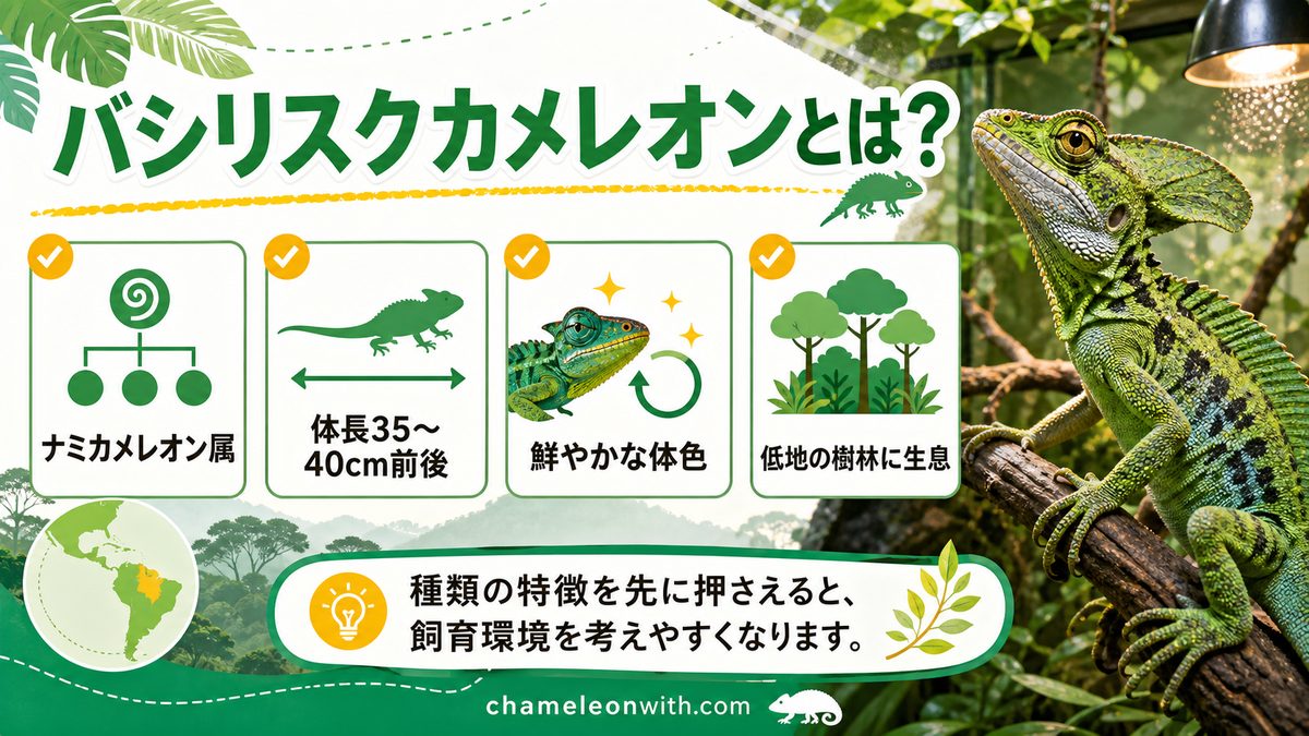 バジリスクカメレオンとは何者なのか！？の要点をまとめたカメレオン・爬虫類飼育インフォグラフィック