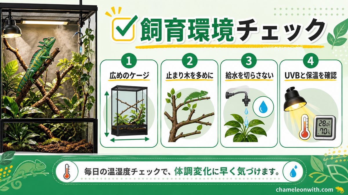 バシリスクカメレオンの飼育設備や環境についての要点をまとめたカメレオン・爬虫類飼育インフォグラフィック