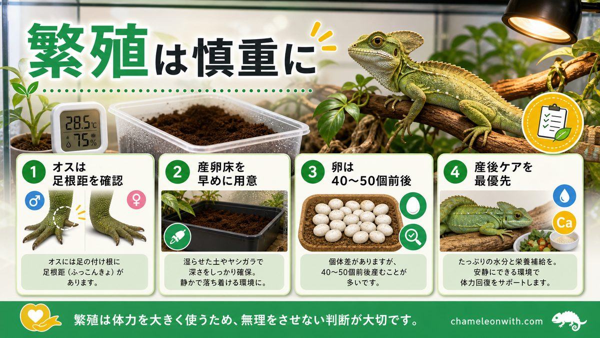 バシリスクカメレオンの繁殖についての要点をまとめたカメレオン・爬虫類飼育インフォグラフィック