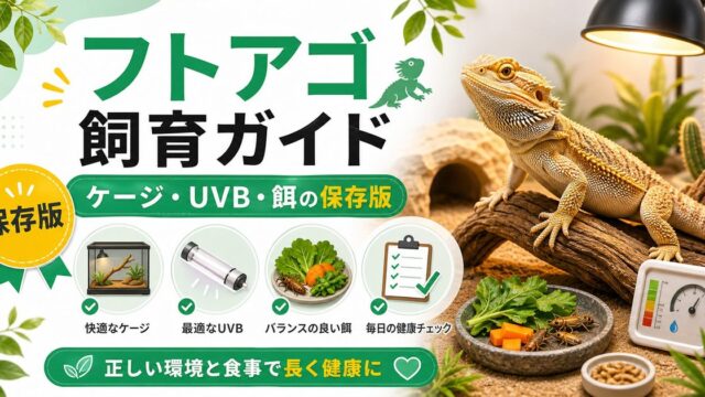 フトアゴヒゲトカゲ（Pogona vitticeps）完全飼育ガイド！特徴・ケージ・UVB・餌・ハンドリングを徹底解説の要点を伝えるカメレオン・爬虫類記事アイキャッチ画像