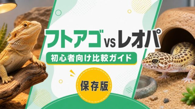 フトアゴヒゲトカゲvsレオパードゲッコー初心者向け比較！飼いやすいのはどっち？の要点を伝えるカメレオン・爬虫類記事アイキャッチ画像