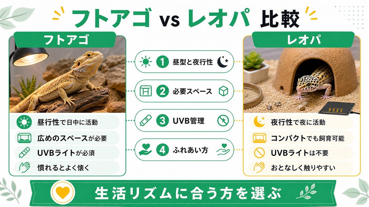 フトアゴ vs レオパ 一目でわかる比較表の要点をまとめたカメレオン・爬虫類飼育インフォグラフィック