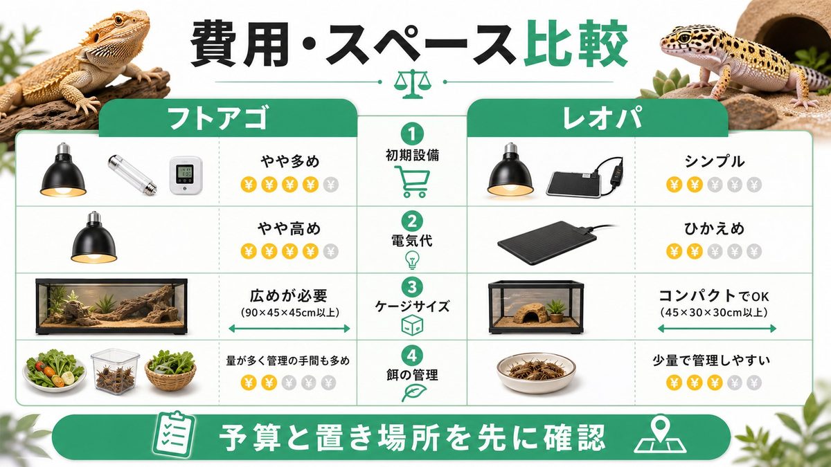 初期費用・維持費・スペース 徹底比較の要点をまとめたカメレオン・爬虫類飼育インフォグラフィック
