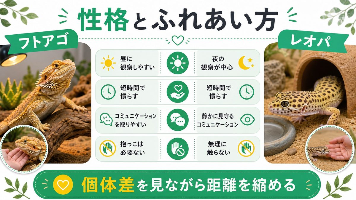 性格・ハンドリング・コミュニケーション比較の要点をまとめたカメレオン・爬虫類飼育インフォグラフィック