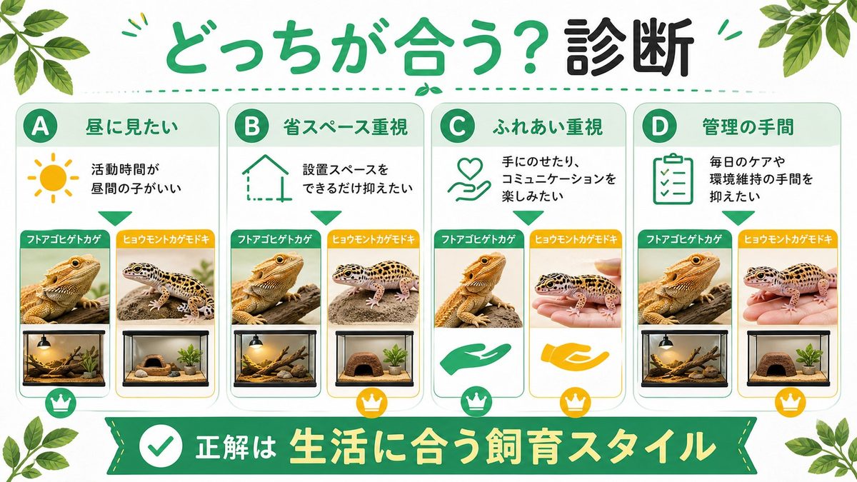 あなたのライフスタイルにはどっちが合う？診断チェックの要点をまとめたカメレオン・爬虫類飼育インフォグラフィック