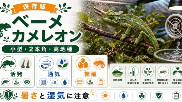【繁殖に成功！】ベーメカメレオンの飼育方法を徹底解説！【おすすめ餌・産卵用アイテム】の要点を伝えるカメレオン・爬虫類記事アイキャッチ画像