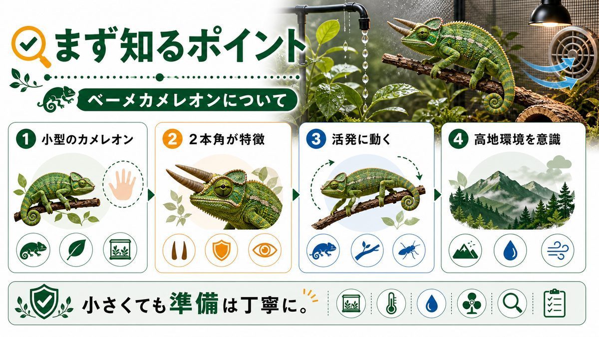 ベーメカメレオンについての要点をまとめたカメレオン・爬虫類飼育インフォグラフィック