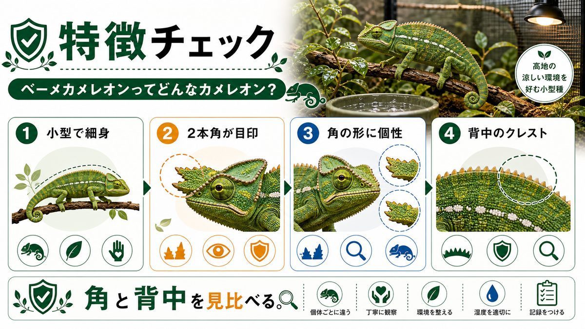 ベーメカメレオンってどんなカメレオン？の要点をまとめたカメレオン・爬虫類飼育インフォグラフィック