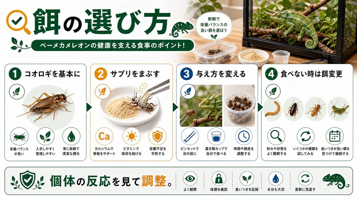 餌は何を与えれば良いの？の要点をまとめたカメレオン・爬虫類飼育インフォグラフィック