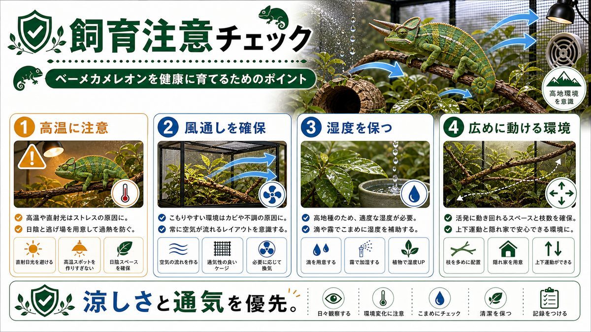 飼育で気を付けるべきポイントとは？の要点をまとめたカメレオン・爬虫類飼育インフォグラフィック