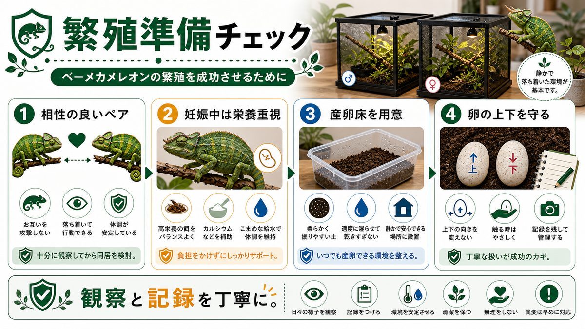 ベーメカメレオンの繁殖についての要点をまとめたカメレオン・爬虫類飼育インフォグラフィック