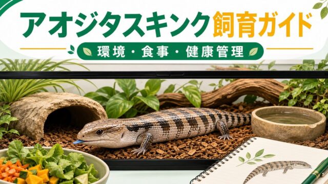 アオジタスキンク飼育完全ガイド！種類・飼育環境・食事・ハンドリング・オオトカゲとの違いを徹底解説の要点を伝えるカメレオン・爬虫類記事アイキャッチ画像